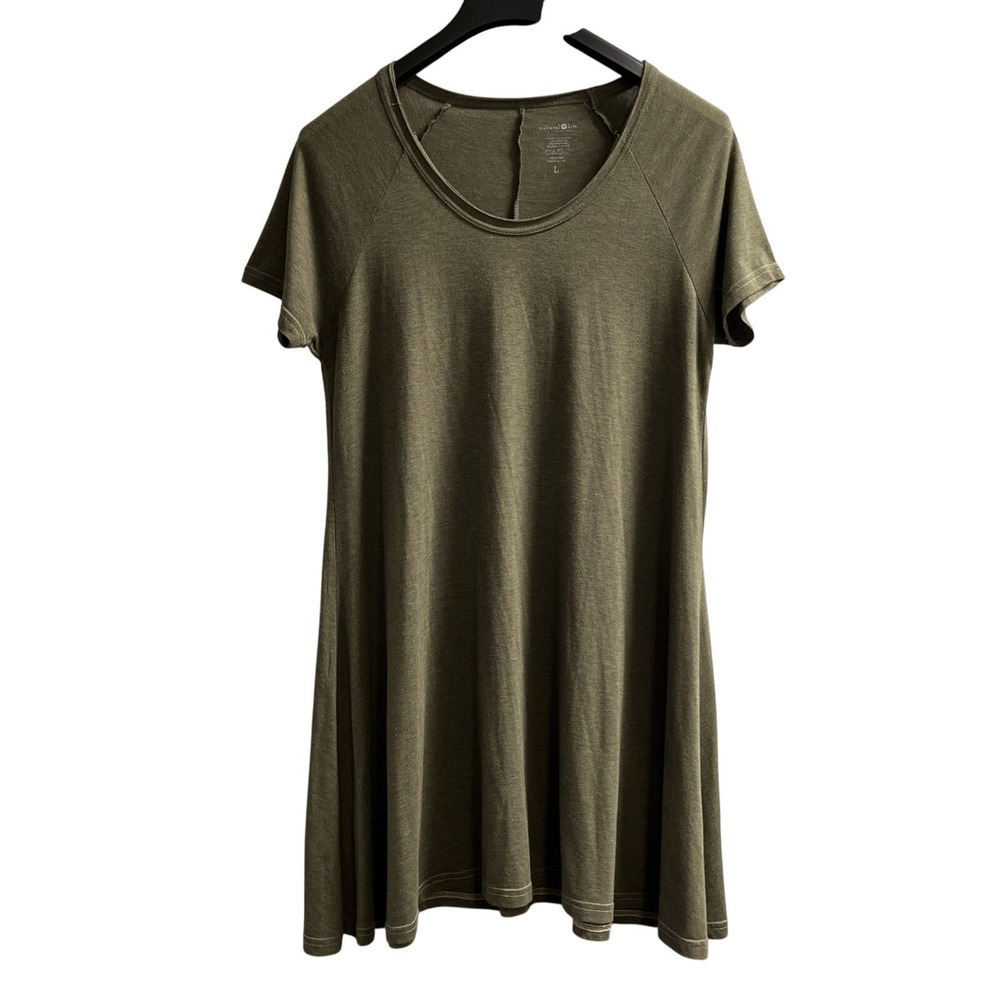 Natural Life T Shirt Dress Women L Olive Green Short Sleeve Midi Neutral Comfort
